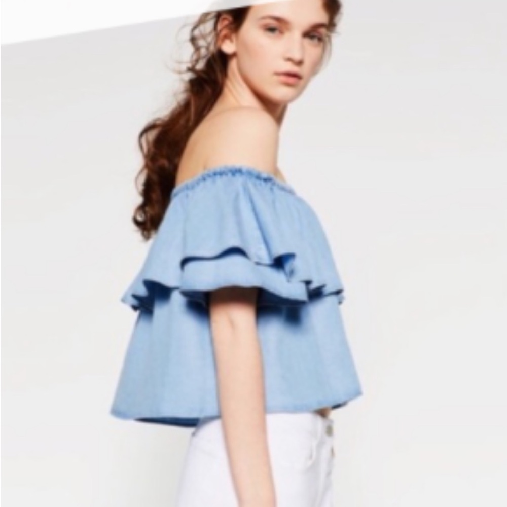 Chambray Off the shoulder top with ruffle